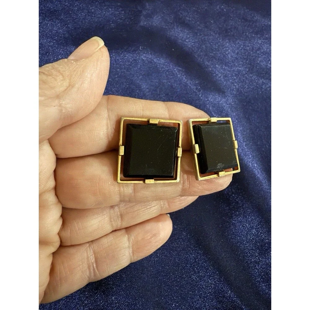 Black Square Formal Vintage Cuff Links Tuxedo Wedding Groom Goldtone